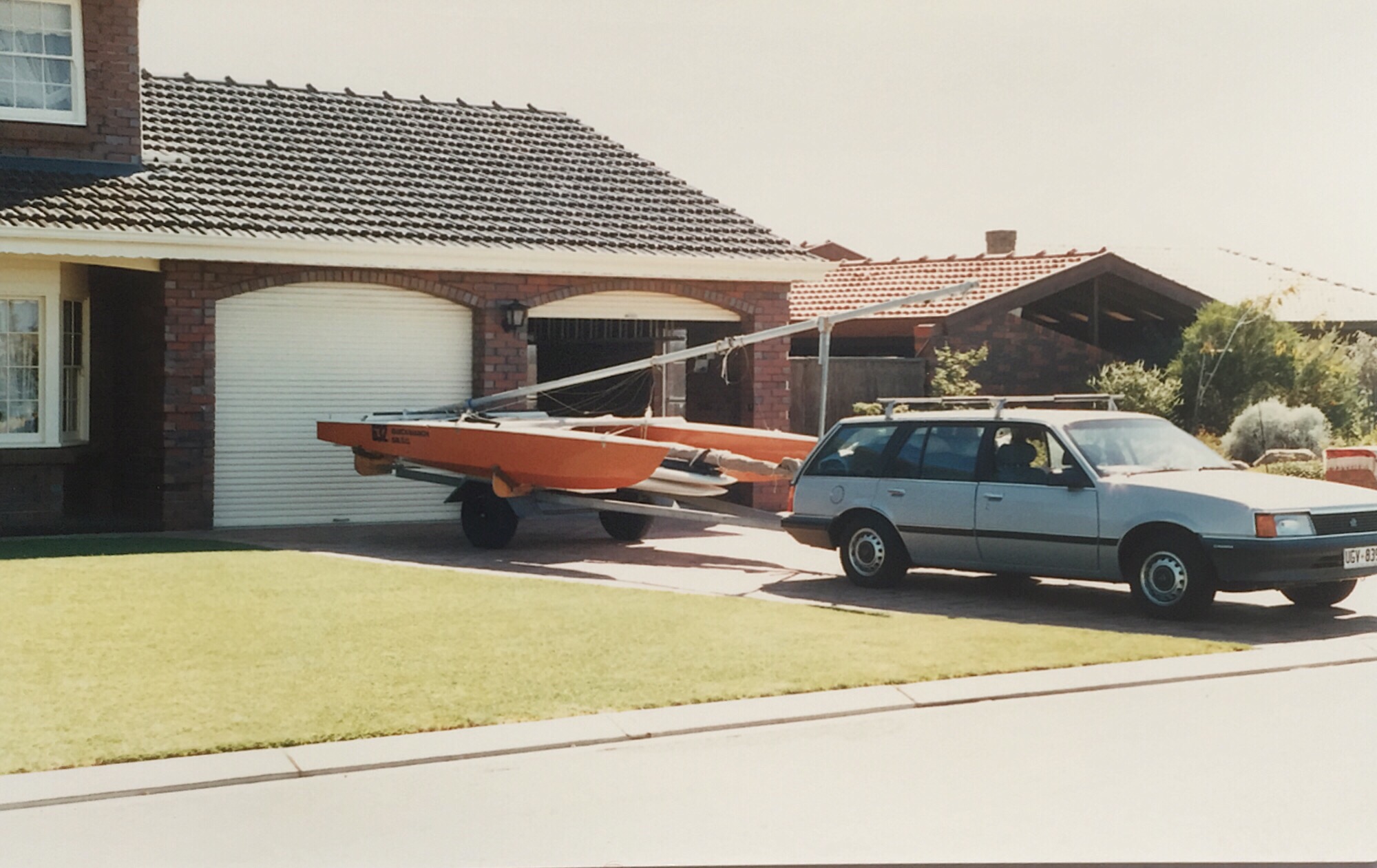 Paper Tiger catamaran at home on a trailer